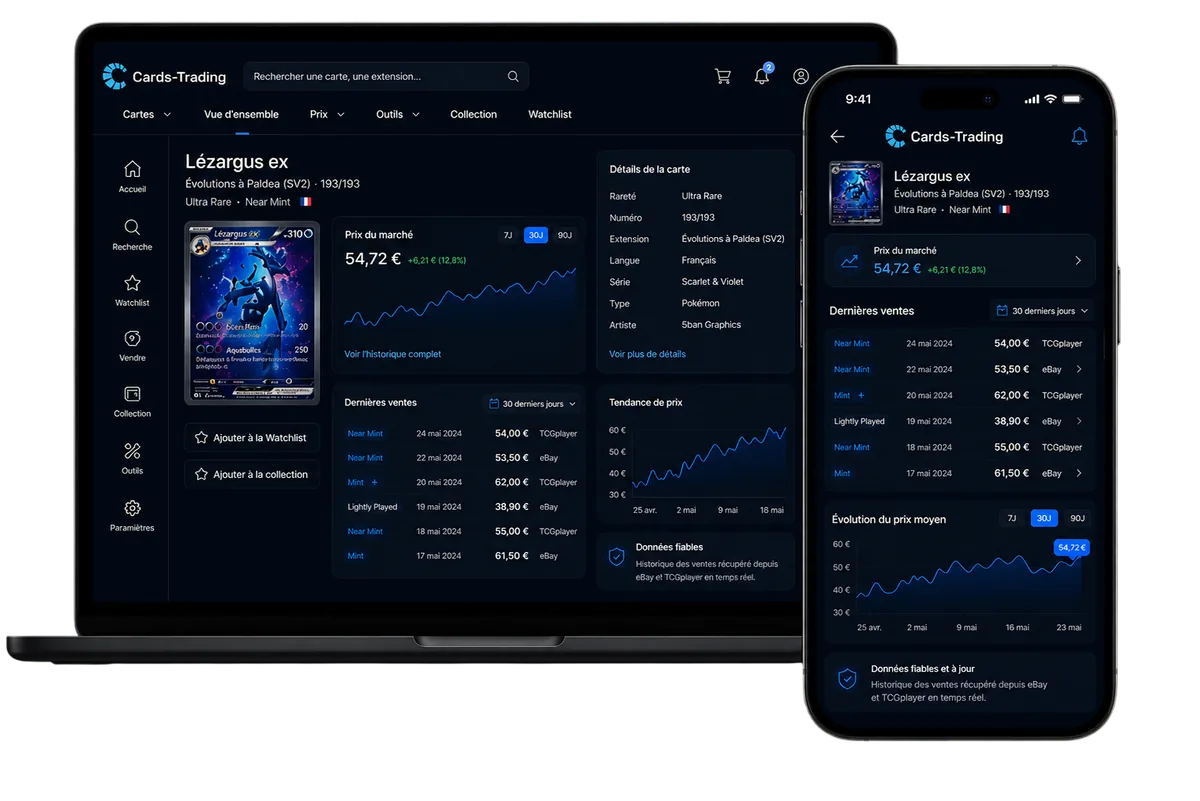 Fiche carte avec courbe de prix et annonces de vendeurs vérifiés sur Cards-Trading.com