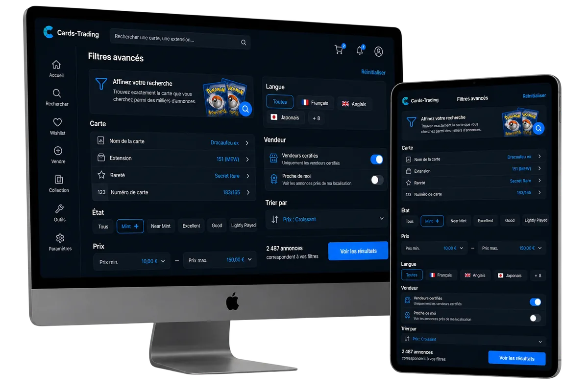 Cards-Trading.com : filtres avancés pour trouver vos cartes Pokémon parmi des milliers d'annonces